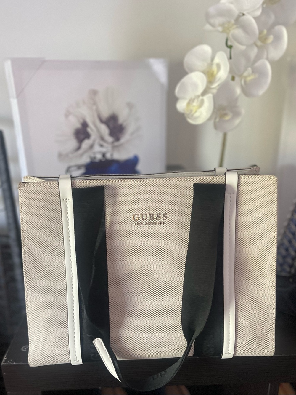 GUESS Beige Tote with Black Ribbon Straps and White Trim